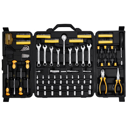 221-Piece Mechanics Tool Set, 1/4" And 3/8" Drive Sockets, SAE And Metric Mechanic Tool Kit With Bits, Wrenches, Ratchet Handle, Accessories, And Plastic Storage Case, For Automotive Repair