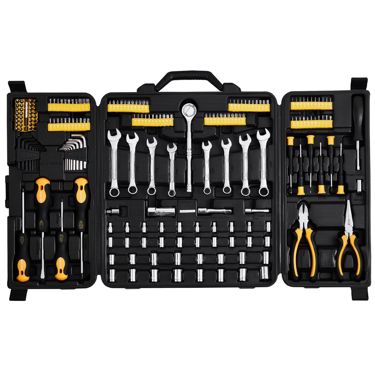 221-Piece Mechanics Tool Set, 1/4" And 3/8" Drive Sockets, SAE And Metric Mechanic Tool Kit With Bits, Wrenches, Ratchet Handle, Accessories, And Plastic Storage Case, For Automotive Repair